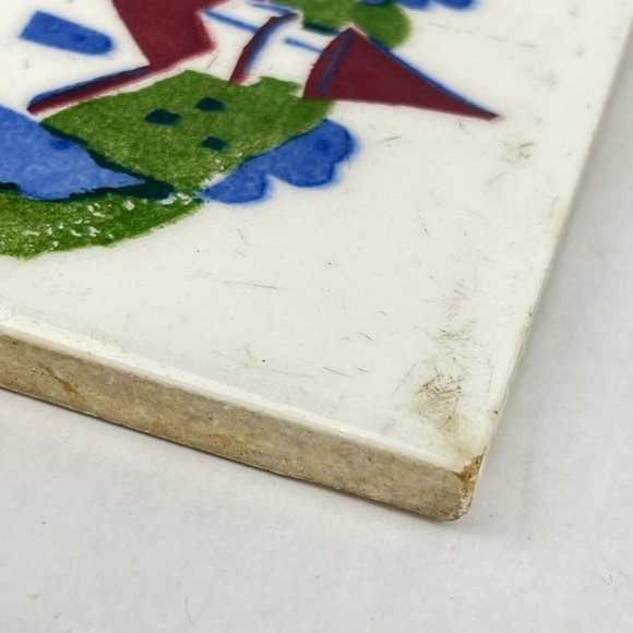 Vintage Wheeling Cushion Hand Painted Rural Village Scene 6" Square Tile Trivet - Picture 6 of 11